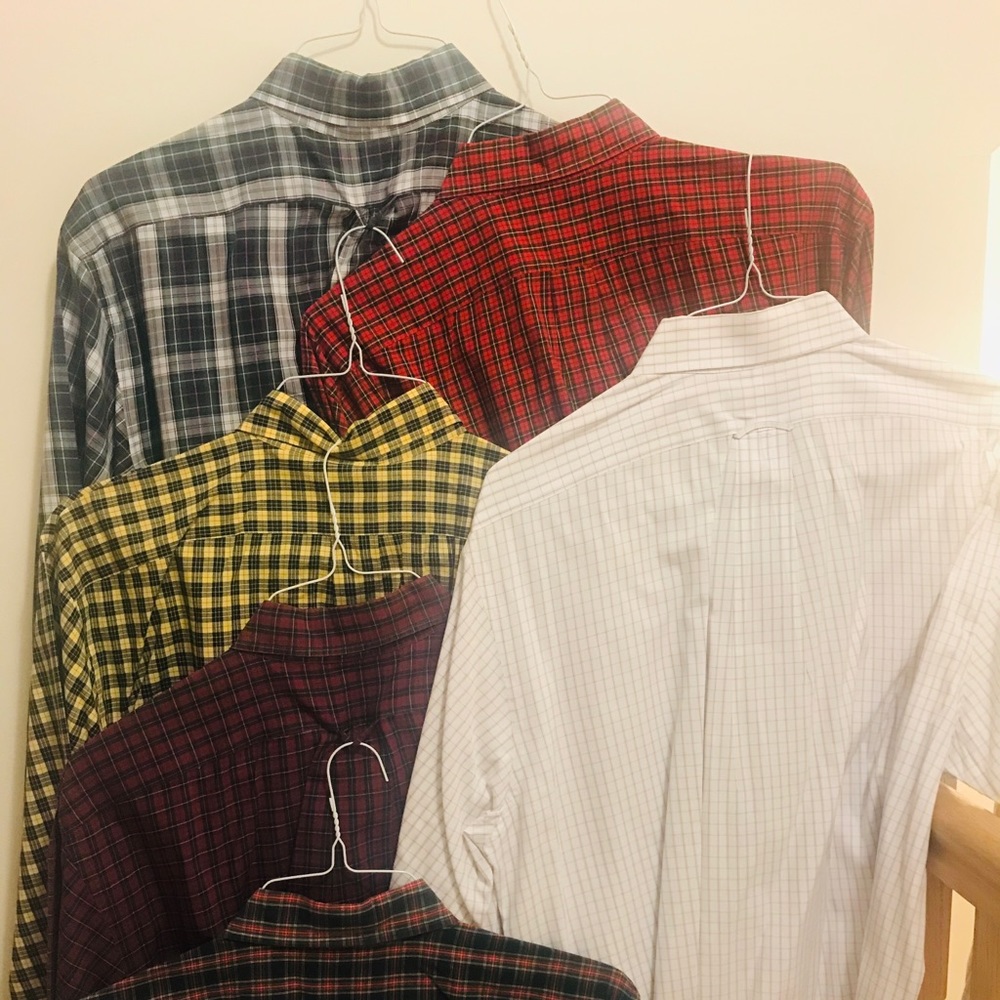 6 Lands End button down plaid cotton shirts.